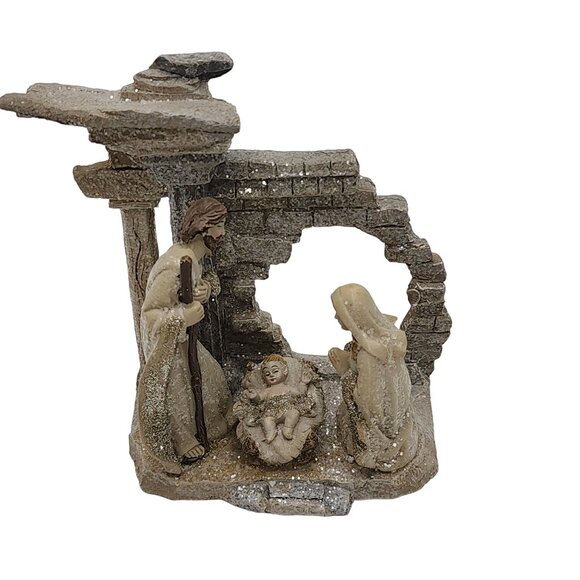 Nativity Scene Figurine With Holy Family And Stable Glitter Accents 7in Tall - Picture 11 of 11